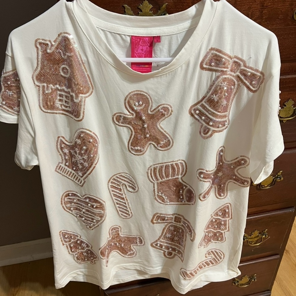 QUEEN OF SPARKLES Kids Sequin Gingerbread Tee - White and Gold